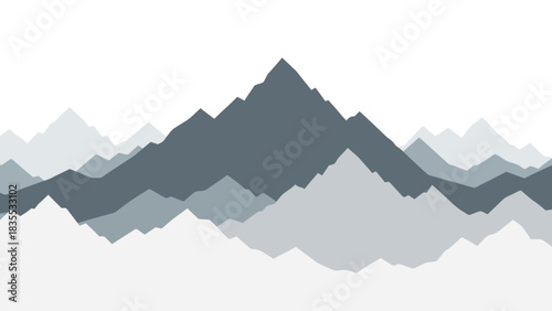 Gray mountains range with varying shades of depth showing rugged peaks against a white background