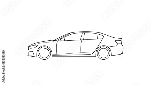 Line drawing of a modern sedan car viewed from its side profile