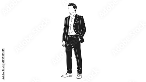 Man in suit stands right hand in pocket wearing shirt and shoes