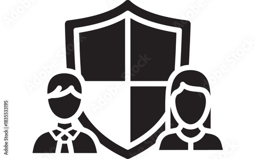 Professional couple standing protected behind a large security shield symbolizing insurance and family safety concepts