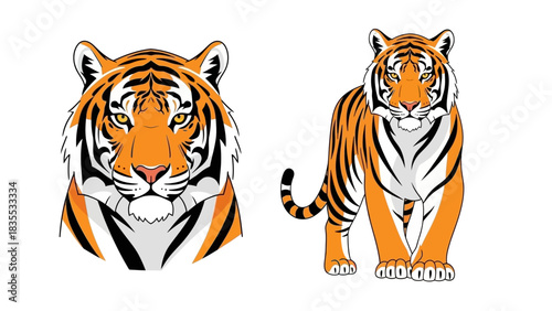 Two cartoon tigers one headshot one fullbodied in orange black and white