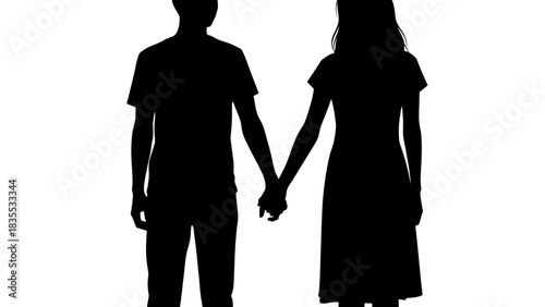 Two figures silhouetted against a white background hold hands