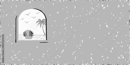 Seaside view through arched window with palm tree and shell