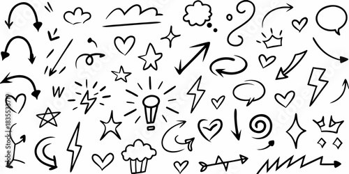 Hand drawn doodle elements collection arrows hearts stars lightning clouds and speech bubbles