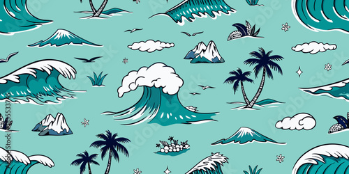 Tropical island paradise seamless pattern with waves palm trees and mountains