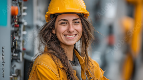 Smiling Female Construction Worker in Hard Hat at Energy Sector Jobsite - Professional Safety Gear and Positive Attitude