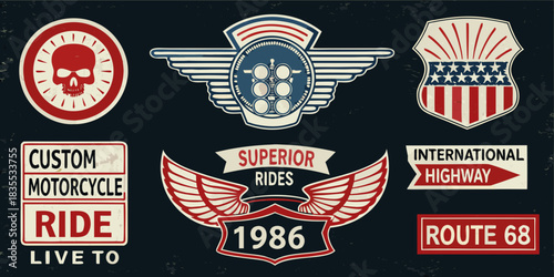 Vintage motorcycle and highway signage collection with retro design elements