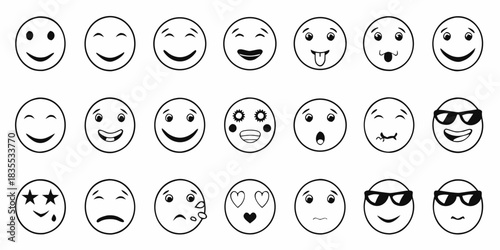 Variety of black and white emoji faces showing different emotions and expressions