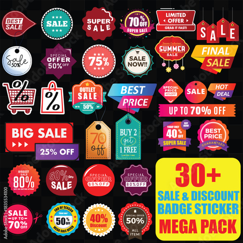 Sale and discount badge sticker mega pack, special offer promotion tag label, colorful vector icon set