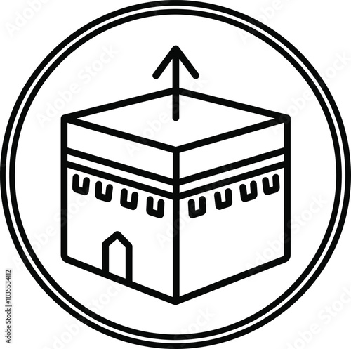 Kaaba icon symbol isolated with up arrow for muslim pray qibla direction. Islamic pilgrimage place in mecca