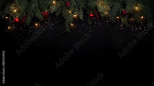 Christmas garland with lights and ornaments on a dark background