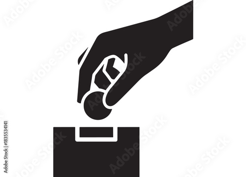 Solid black silhouette hand dropping coin into donation box symbolizing charity saving and financial contribution concept