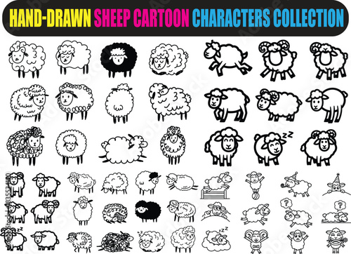 mega pack bundle, hand drawn sheep cartoon character collection, cute funny farm animal doodle, black white vector set