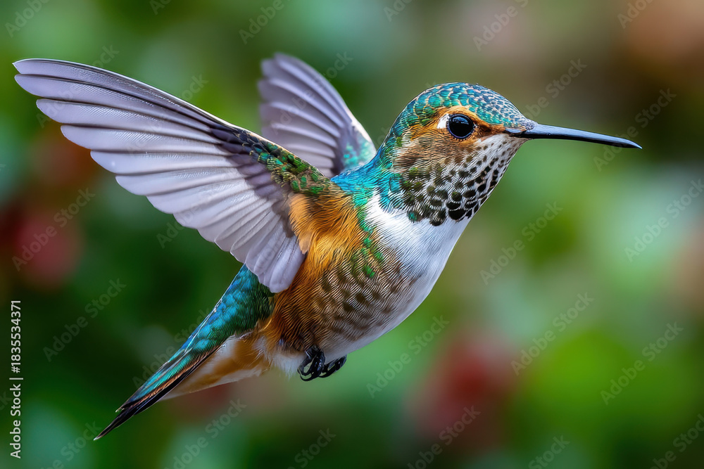 Naklejka premium Colorful hummingbird hovering in a garden filled with flowers during the afternoon