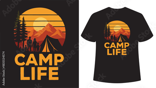 Camping life sunset mountain trees silhouette t-shirt design