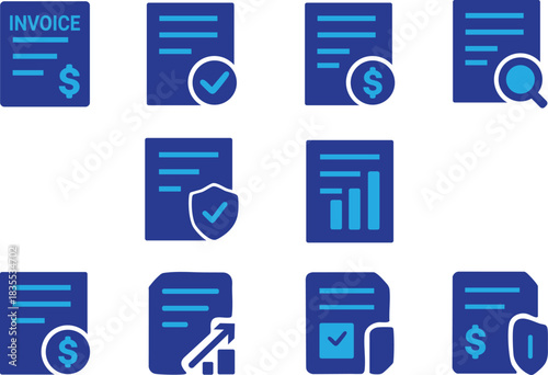 Financial Documents Collection Business Reports, Invoices, and Security Icons for Accounting and Data Analysis