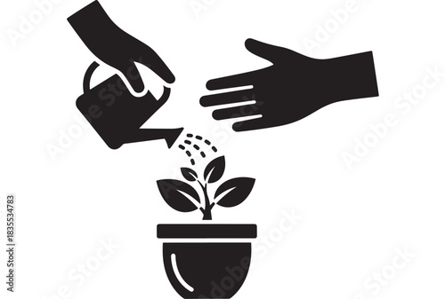 Nurturing business growth through dedicated care and support symbolized by watering a potted seedling with open hands ready to receive