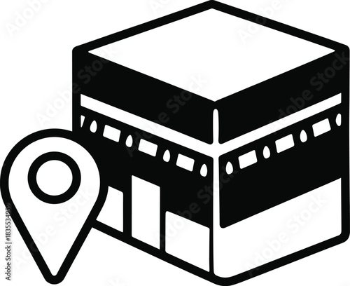 Kaaba muslim pray icon with location pin shows qibla direction for mecca pilgrimage and islamic worship