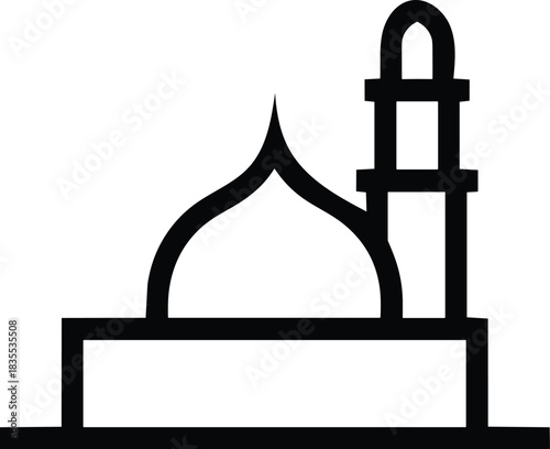 Minimalist mosque with minaret silhouette, muslim pray, qibla direction and islamic architecture