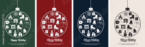 New Year ornament vector illustration with festive elements like snowflakes gifts bells ice skates snowman church fireplace and hot drink on dark green background