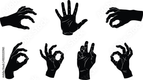 Collection of black vector hand silhouettes featuring various gestures like ok sign open palm and grabbing isolated on white background.