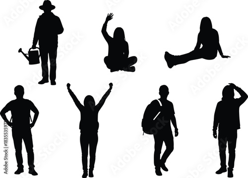 Collection of black vector people silhouettes featuring gardener traveler and happy men women posing isolated on white background illustration.