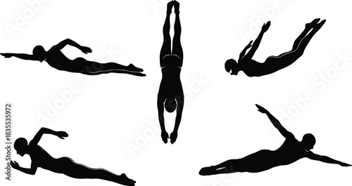 Collection of black vector swimmer silhouettes featuring male athletes diving and performing freestyle strokes isolated on white background illustration.