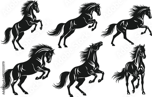 Collection of detailed black vector horse silhouettes featuring wild stallions rearing jumping and galloping isolated on white background illustration.