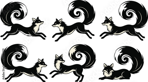 Set of stylized black and white vector fox illustrations with large bushy tails running and jumping on white background