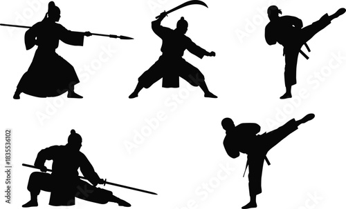 Warriors in Traditional Attire Executing Kung Fu, Samurai Sword, Spear Fighting, and High Kick Combat Poses Vector Set.