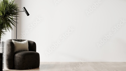 White 2026 cloud dancer color living room. Lounge area armchair, accent empty walls background. Modern interior design room home or hotel lounge or lobby. Minimalist furniture and mood. 3d render