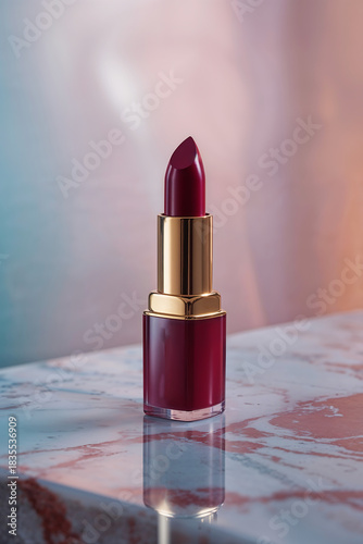 Bright red lipstick stands on marble surface with soft light reflecting in background during daytime in a makeup setting
