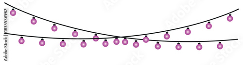 Two strands of pink bulb string lights hanging and crossing each other on a white plain background , glowing holiday lights garland bulbs, twinkling fairy lights glow