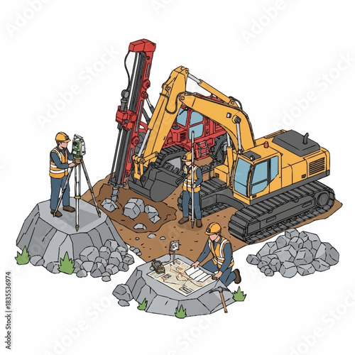 Construction Site with Heavy Machinery and Surveyors at Work.