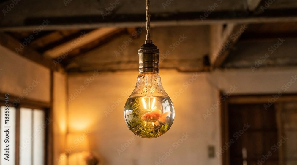 Obraz premium Goldfish in light bulb aquarium hanging indoors