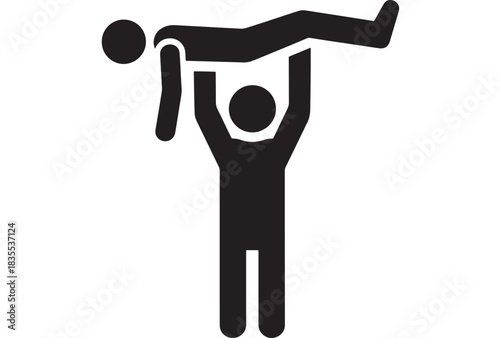 Strong figure lifting another person overhead symbolizing teamwork support and powerful achievement in minimalist icon style