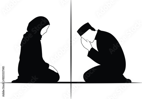 Muslim couple silhouettes performing sujud prayer, showing humility and devotion towards qibla direction