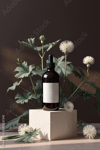 Dark background with plant and dropper bottle on a cube above a table at a simple setting