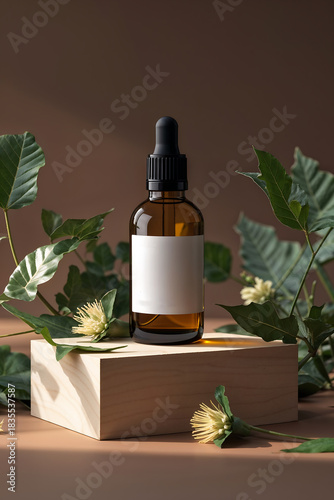 Glass dropper bottle placed on wooden block with green leaves and yellow flowers, in soft light setting, indoor studio environment