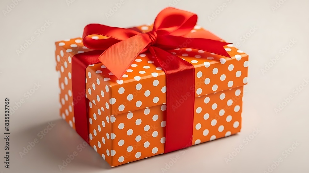 Fototapeta premium Bright orange gift box with white polka dots and red ribbon bow