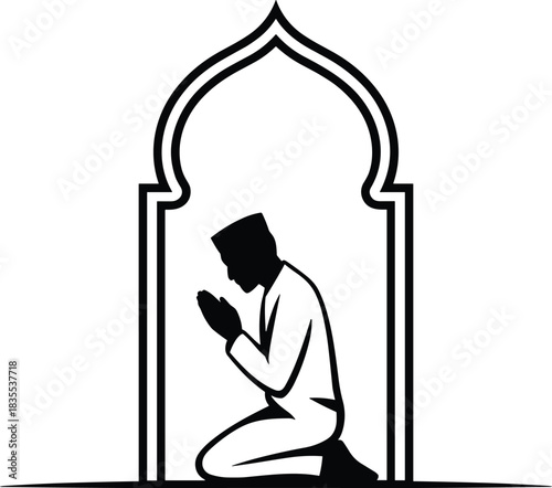Muslim man praying inside mosque arch silhouette kneeling with hands together for worship and reflection