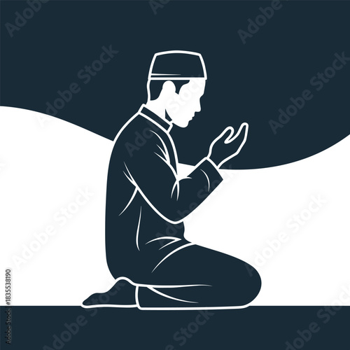 Muslim man praying with hands open in supplication for spiritual guidance and qibla direction