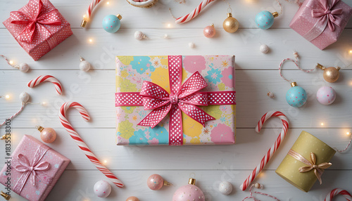 Colorful Kids Christmas Gift Box Flat Lay with Toys & Candy Canes