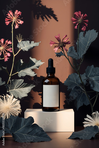 Bottle stands on block with flowers and leaves in a dim light setting during evening hours in a structured arrangement