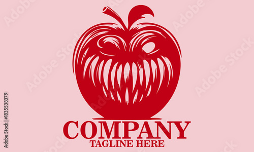 illustration vector sinister red apple with a menacing face,  red apple with a menacing face logo design