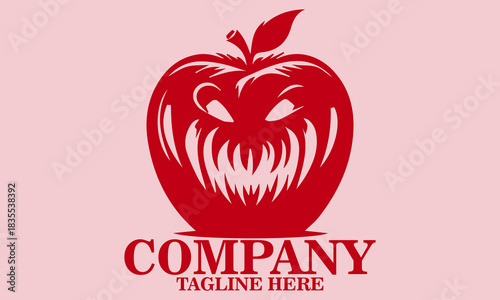 illustration vector sinister red apple with a menacing face,  red apple with a menacing face logo design