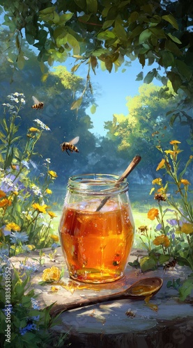 Jar of honey with wooden spoon and flying bees in a lush garden