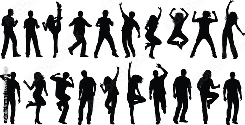 Large set of diverse happy party people silhouettes, men and women dancing, jumping, and celebrating, enjoying music and clubbing lifestyle, isolated vector collection for events and concerts.