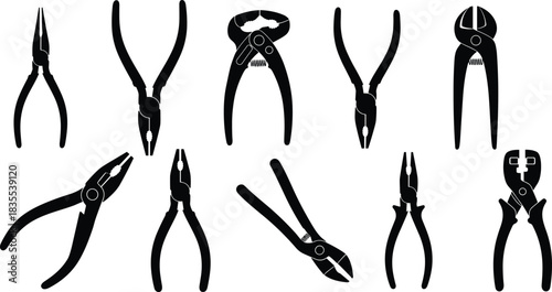 Collection of Hand Tools, Including Needle-Nose, Lineman's, Diagonal Cutters, and Groove Joint Pliers Vector Icons for Repair.