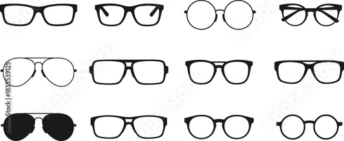 Collection of Diverse Frames Including Aviator, Rectangular, and Round Shapes Vector Icons for Optical, Fashion, and Vision.